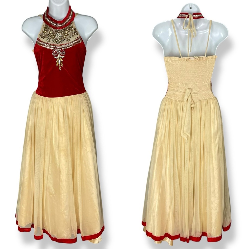 Beaded Dress Velvet Girls Maxi Red Cream Halter Tank Dance Detailed‎ FLAWS